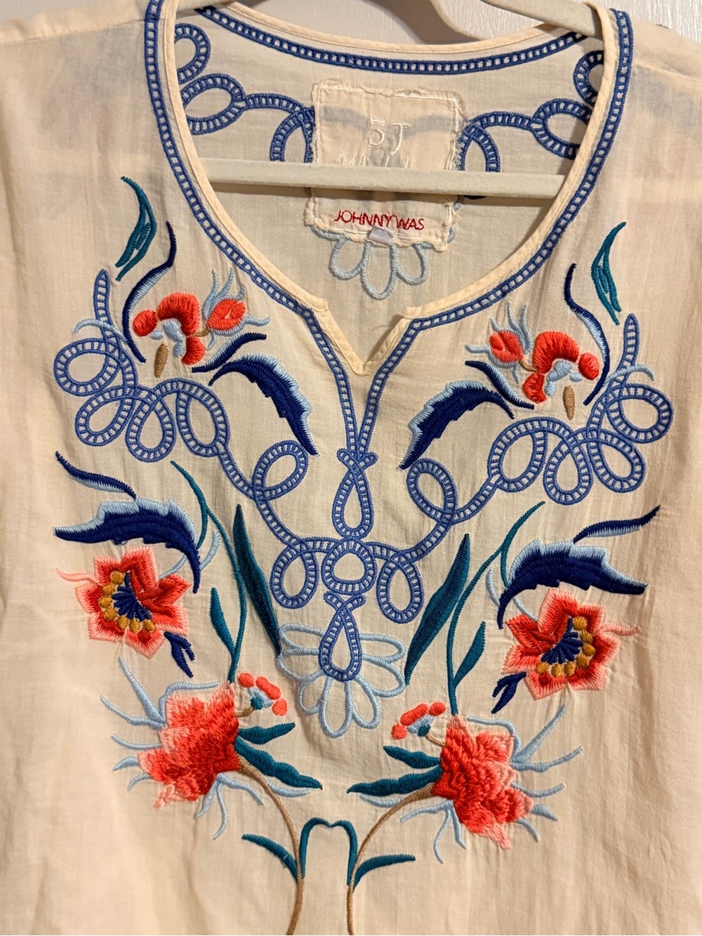 Johnny Was Embroidered Floral Boho Cotton Peasant Top Cream Small - Picture 4 of 11